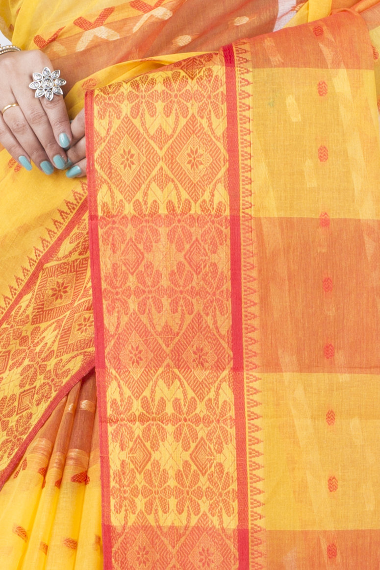 Yellow Red Pure Cotton SonaJhuri Desiging Tant Saree (112)